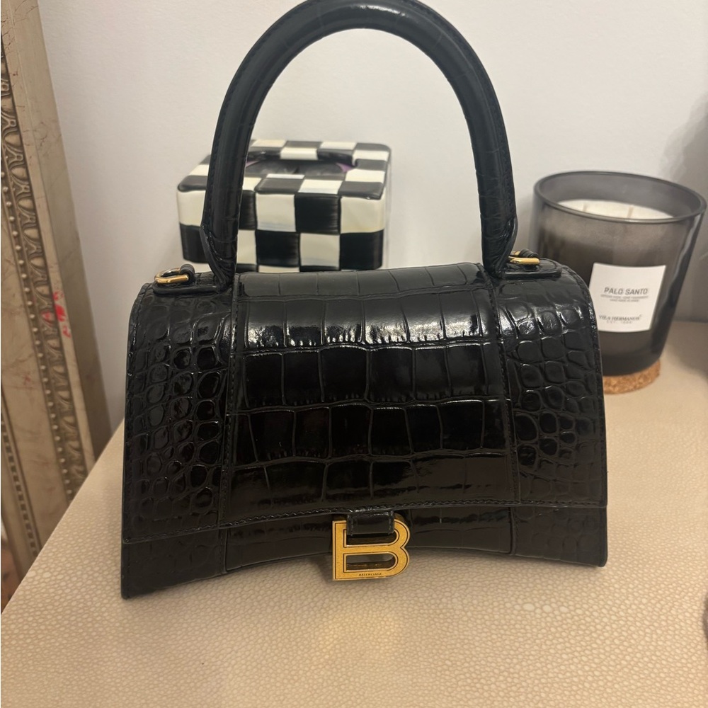 Balenciaga Black Croc-Embossed Mini Bag with Gold Accent